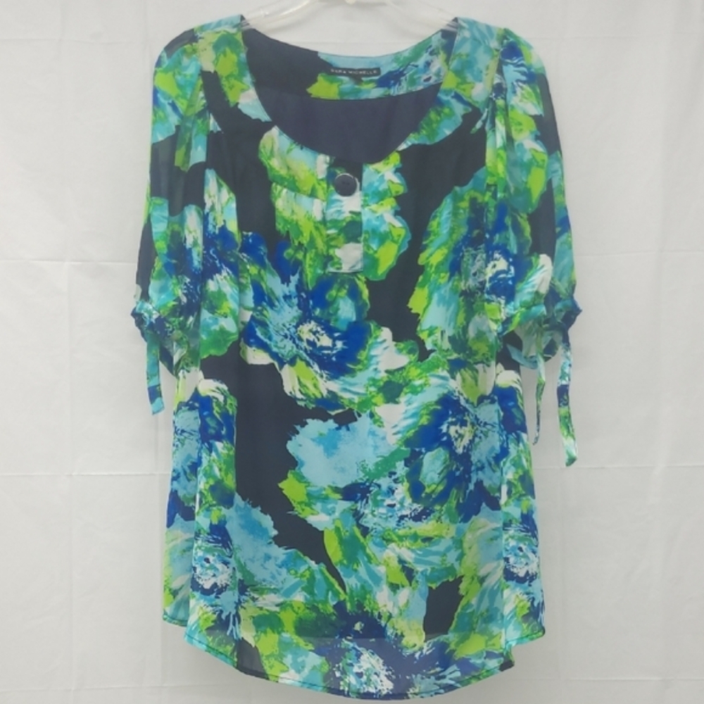 Short Sleeve Blouse Top Black W Green Blue Floral Print - Picture 1 of 10